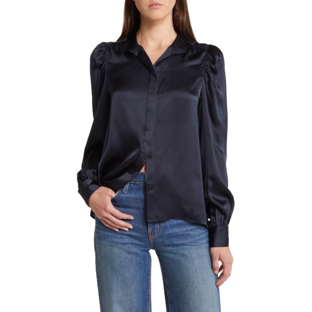 FRAME 100% Silk Womens Small Button Up Long Sleeve Black Top Shirt Dark Academia